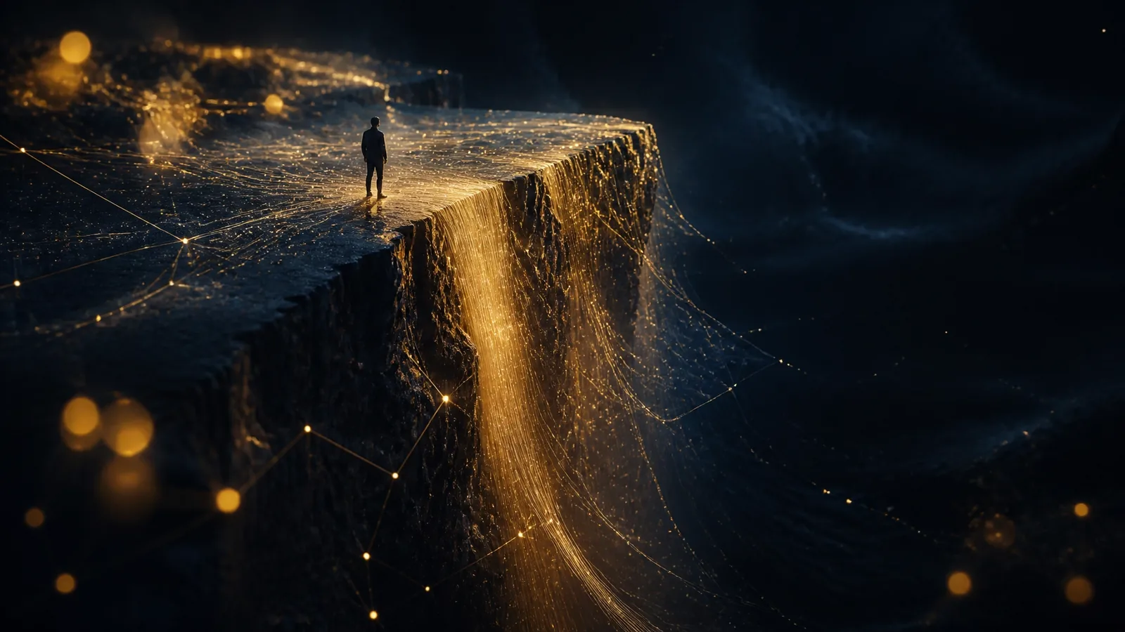 A digital cliff edge with golden data streams cascading into darkness, representing the loss of search visibility in the AI era