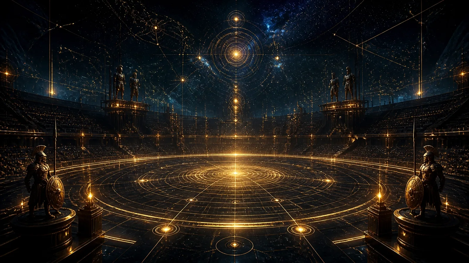 A digital gladiator arena with glowing golden grids, symbolizing the high-stakes competition of modern AI search