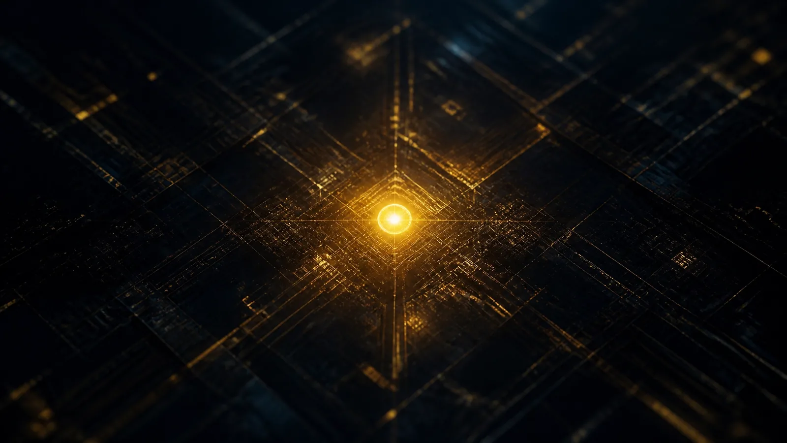 A radiant golden ember glowing at the center of a dark digital grid, symbolizing The Ember™ and survival