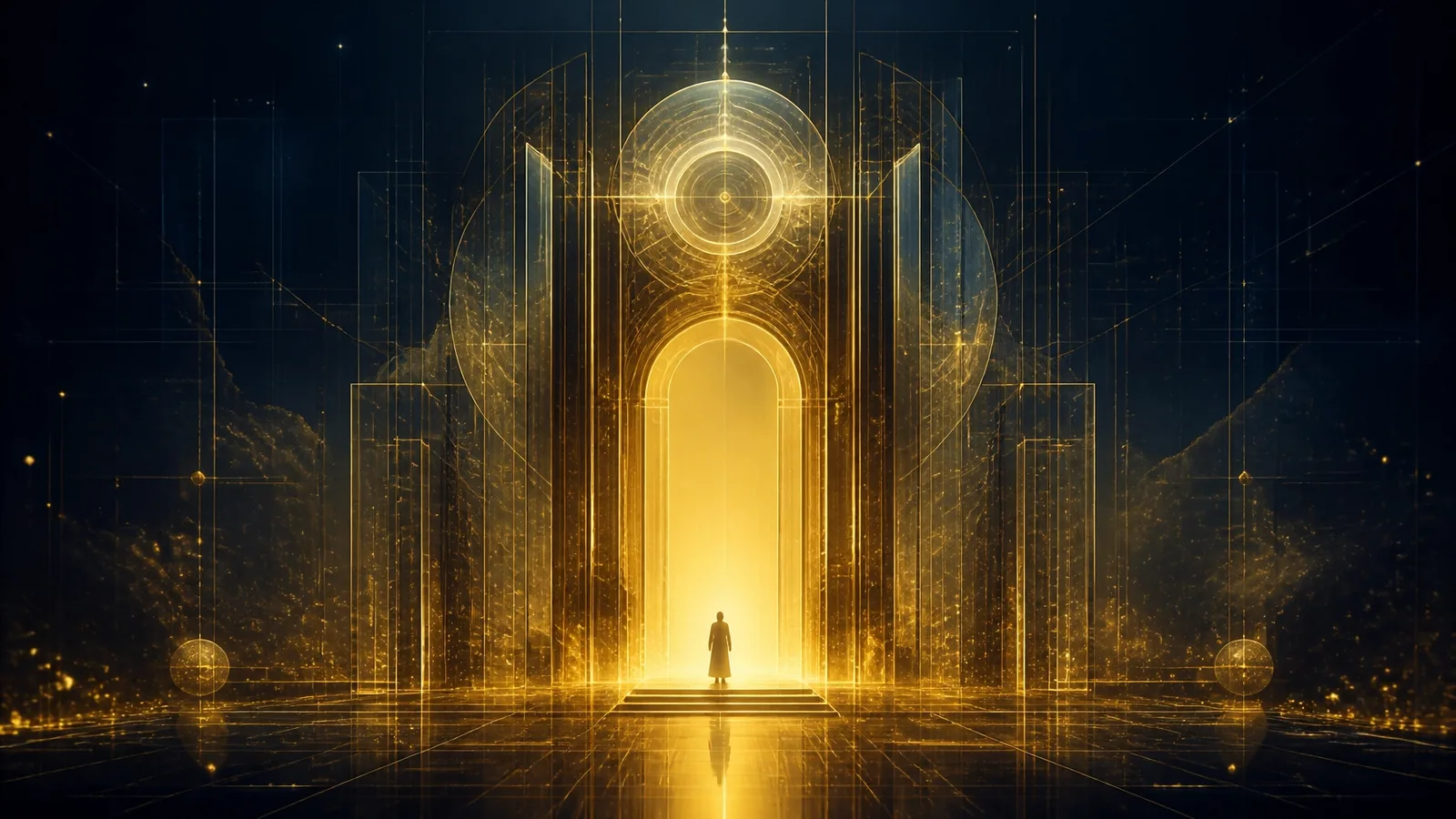 A radiant golden gateway representing the AI gatekeeper that controls access to modern customers
