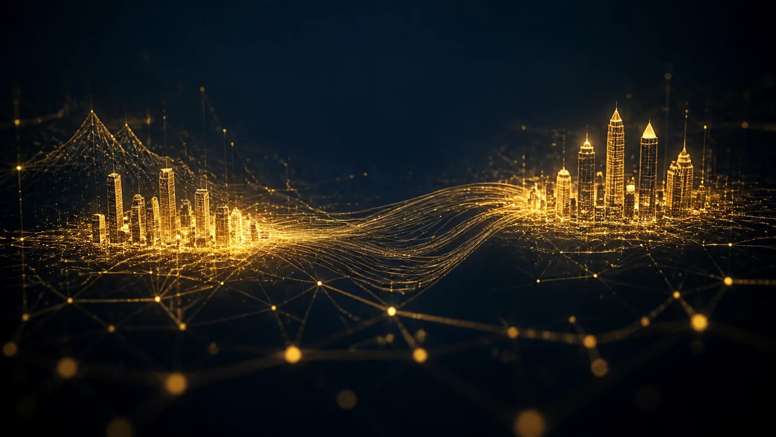 Abstracted digital skylines of Phoenix and Atlanta as glowing golden constellations, representing the local battlegrounds of AI search