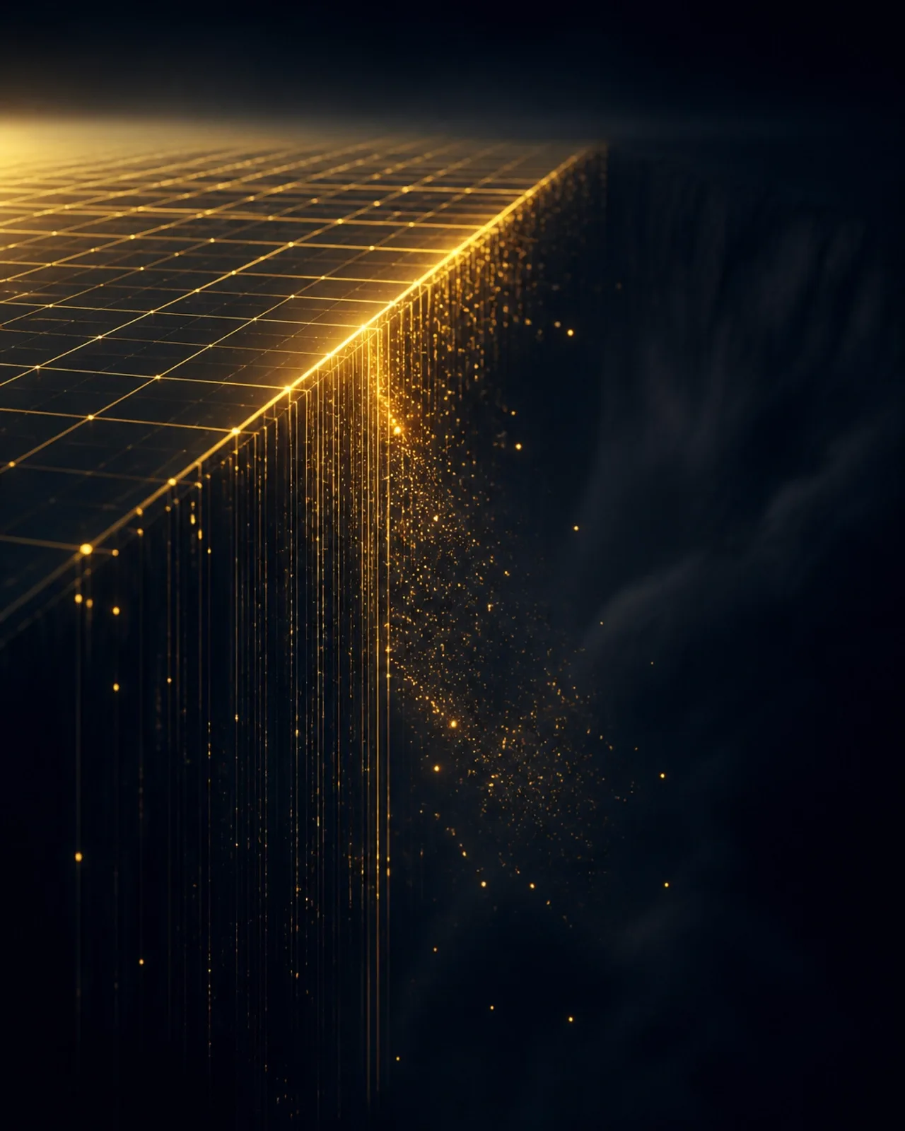 A golden data grid dissolving into darkness, representing the drop-off in visibility past the AI search cliff.