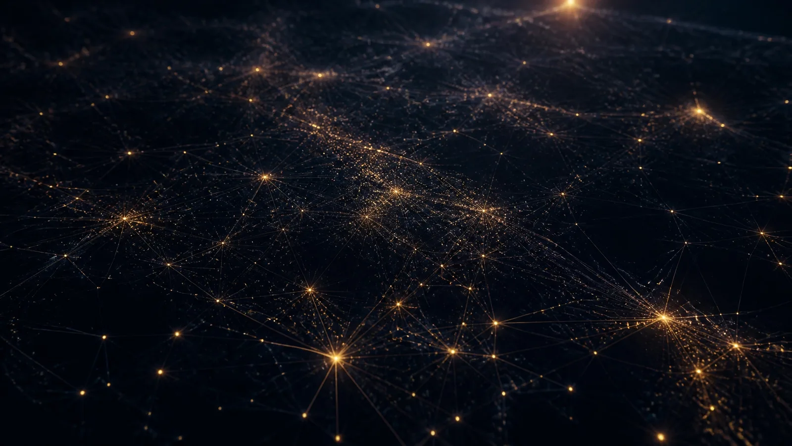 A vast golden network of nodes on a dark background, representing millions of small businesses in the digital landscape.