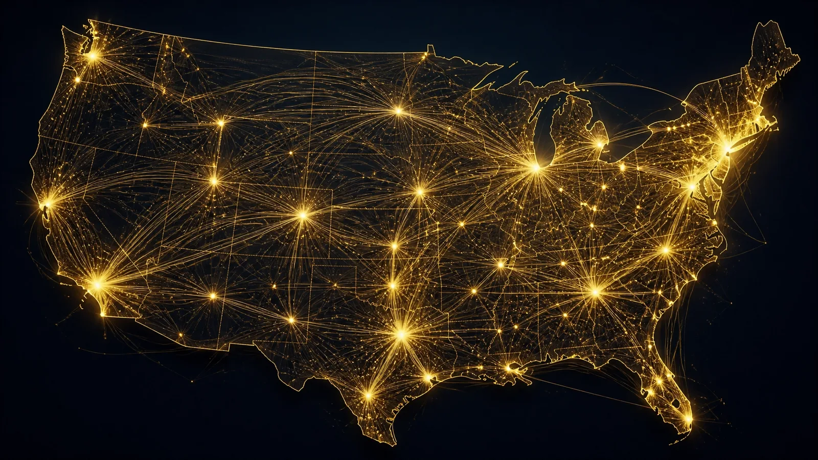 An abstract glowing map of the United States connected by golden lines, representing nationwide entity authority and AI visibility.