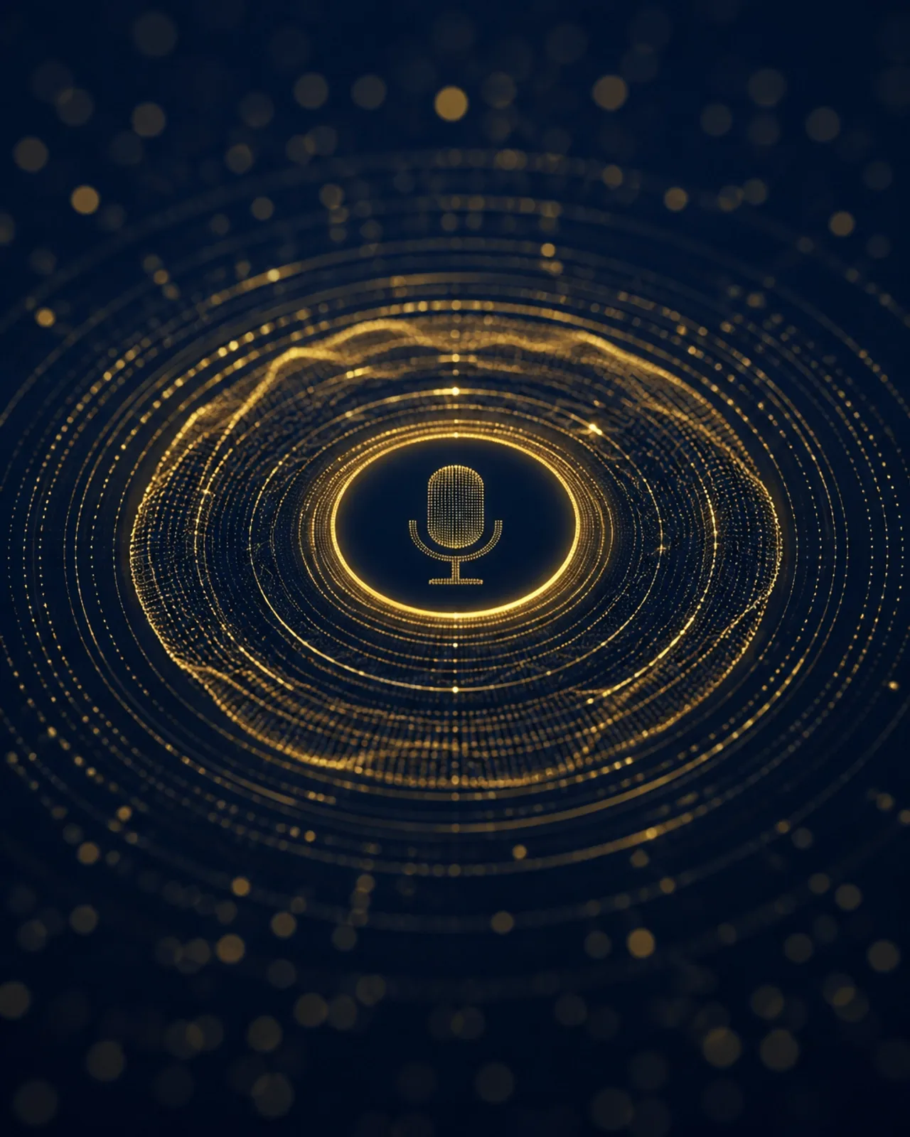 A golden soundwave radiating outward from a microphone icon, representing conversational and voice-driven AI search.